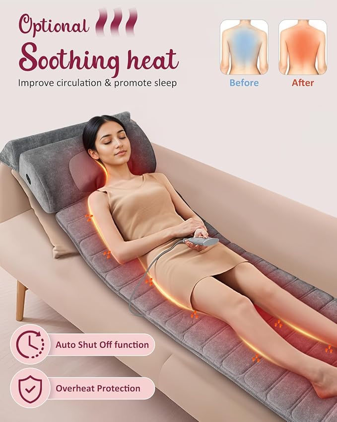 Full Body Massage Mat with Heat Detachable Neck Massager Massage Pad with 10 Vibrating Motors Home Office Use Gift for Men Women Parents Christmas