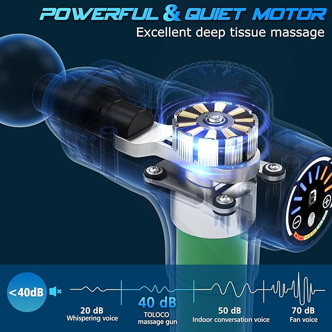 TOLOCO Massage Gun Deep Tissue Percussion Massage Gun with 10 Replacement Heads Super Quiet Portable Electric Massager for Athletes Relax Black