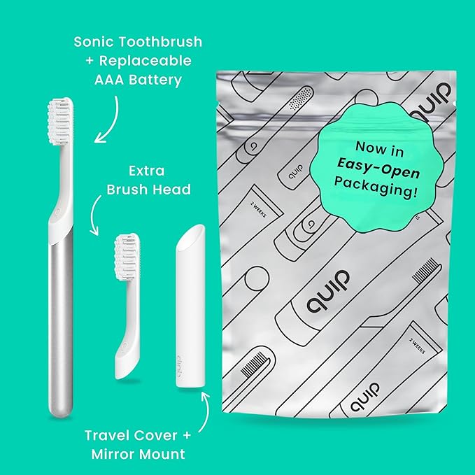 Quip Metal Sonic Electric Toothbrush for Adults - Time Travel &amp Soft Bristles with Travel Case &amp Replacement Brush Head - 3 Month Battery Life Silver