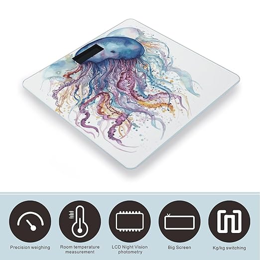 Watercolor Jellyfish Bathroom Scale Ultra-Bright Liquid Crystal Screen Weight Scale Accurate Bathroom Body Scales for Body Weight Bathroom Pet Home Bedroom Gift-Giving