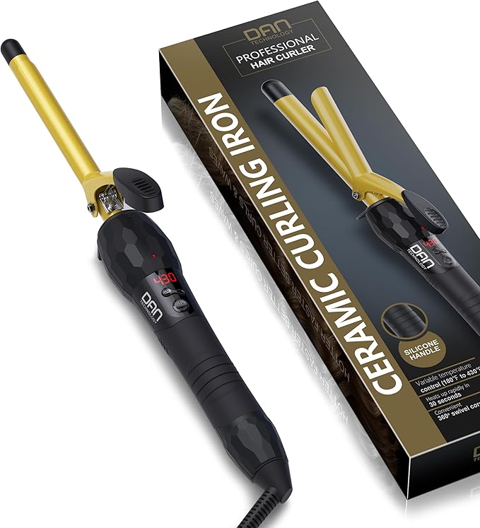 DAN Technology 3/8 Inch Tiny Curling Wand for Tight Spiral Curls Tourmaline Ceramic Small Barrel Hair Curler with LCD Display (180°F–430°F) Fast Heating Dual Voltage Auto Shut-Off Black &amp Gol