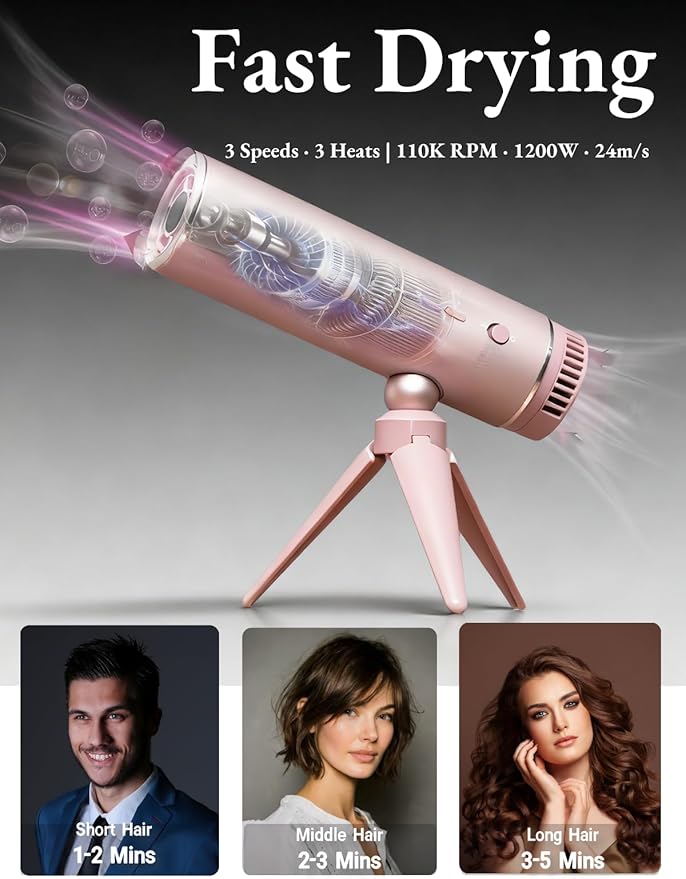 Ionic Hands-Free Hair Dryer with Holder 110k RPM High-Speed Motor 3-Min Quick Dry Smart Heat Control Lightweight Travel Overheat Protection Home Salon Pet (Space Gray)