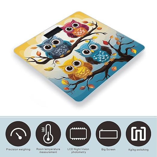 Owls on Tree Branches Bathroom Scale Large LCD Backlight Display Digital Scale Rounded Corners Body Scales Automatic Power On/Off Bathroom Scales for Home Bedrooms