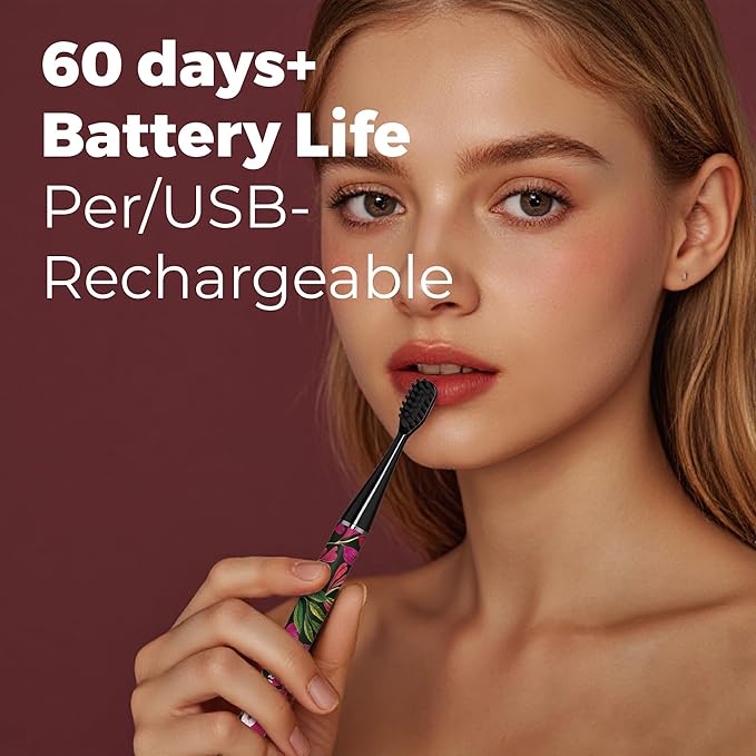 MIPOW Brush GO SlimPro i4 Electric Toothbrush Rechargeable Smart Ultra Sonic 3 Modes Travel Case &amp Ceramic Dock 60Day Battery Soft Bristles 2 Heads IPX7 Waterproof Color-TropicVibe