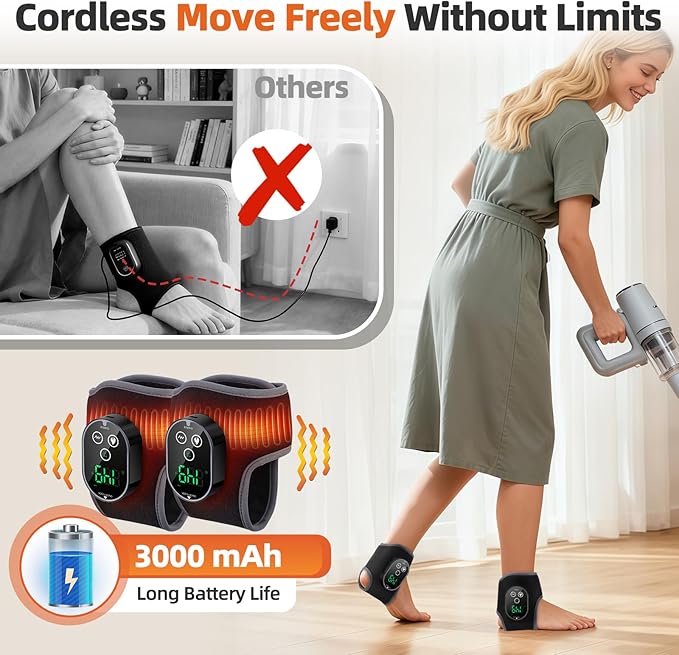 Ankle Massager Cordless Ankle Heating Pad with Massage Foot Massager with Heat 3000mAh Rechargeable 4 -Level Heats Foot Heating Pad for Sports/Work/Travel (Black)