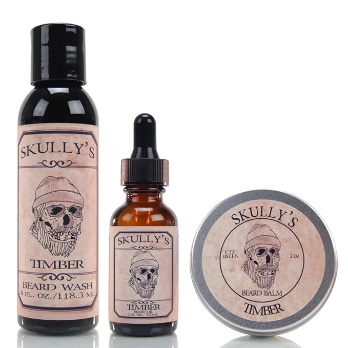 Skully's Ultimate Timber Beard Care Kit (Woodsy Warm Amber Scent) - Beard Oil Beard Balm Beard Comb Beard Conditioner Mustache Wax for Men