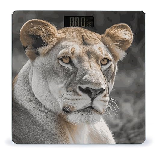 Lioness with Blue Green Eyes Scale for Body Weight Anti-Slip Tempered Glass Digital Bathroom Scales Clear LCD Display Weighing Scale Safe Rounded Corners Smart Scales