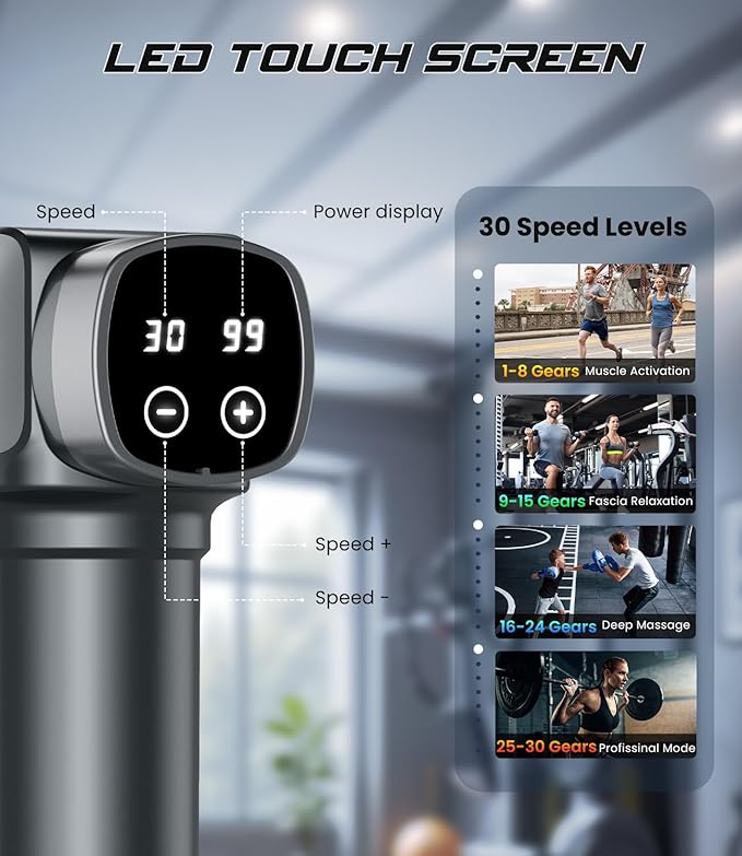 Deep Tissue Massage Gun Portable Percussion Muscle Massager with 30 Speeds &amp 6 Attachments Handheld Electric Back &amp Neck Massager for Pain Relief