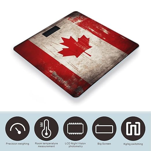Retro Canada Flag Scale for Body Weight High Precision Digital Weight Scales with LCD Display Anti-Slip Sturdy Slim Tempered Glass Bathroom Scale for Home Use