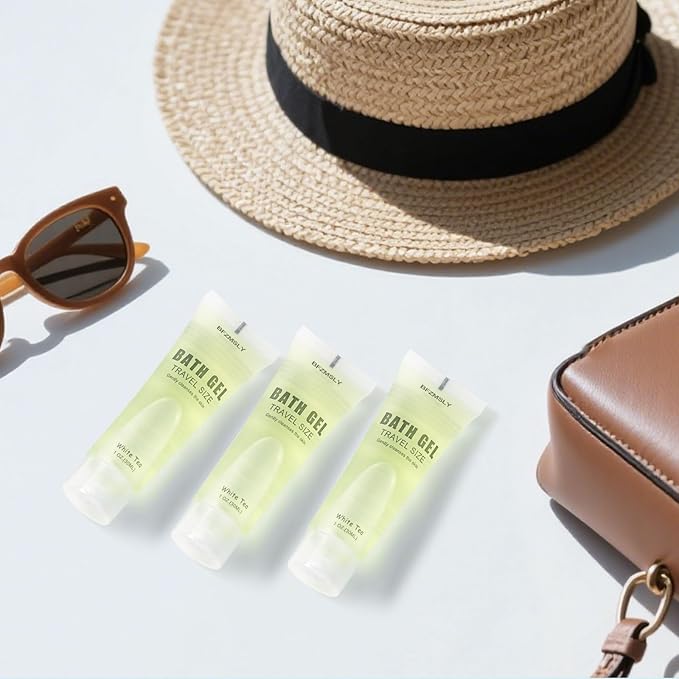 50 Pack Bulk Travel Size Body Wash 1oz Tubes White Tea Scent Mini Shower Gel for Hotel Guests TSA Approved Toiletries Individually Sealed for Airbnb Vacation Rentals