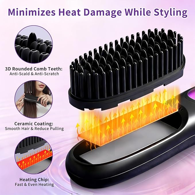 Cordless Hair Straightener Brush - Mini Portable Fast Heating Hair Straightener for Travel -USB Rechargeable Ceramic Straightening Comb with LED Display -3 Adjustable Heat Settings for Short/Long Hair