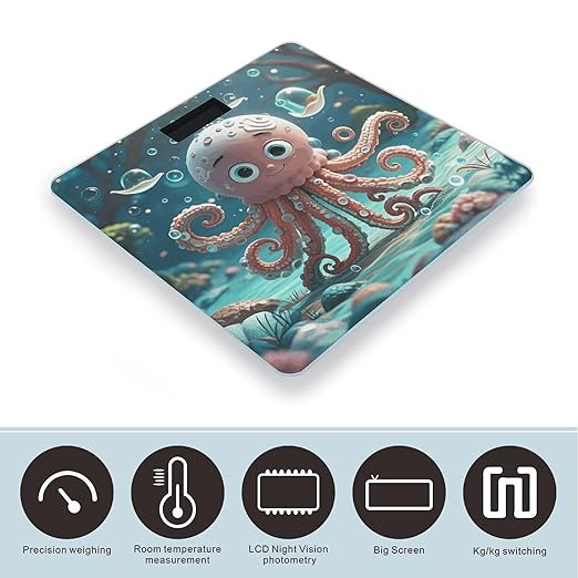 Cartoon Octopus Scale for Body Weight Sturdy Tempered Glass Weighing Scales with LCD Display Accurate Digital Bathroom Scale Convenient Body Fat Smart Scales Easy Read