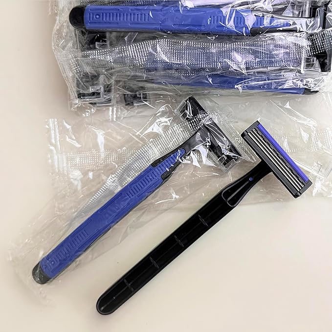 Individually Wrapped 3 Blades Razors Bulk Travel Size Disposable Manual Razors with Stainless Steel Blade (Blue) (100)
