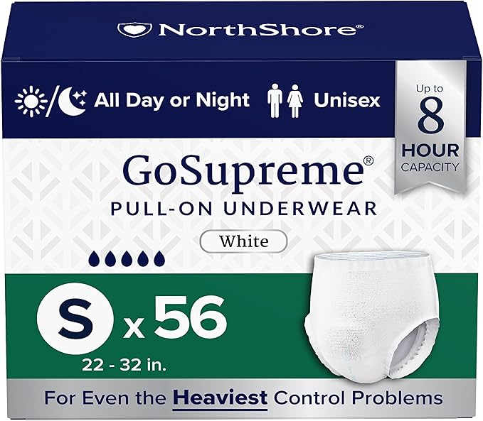 NorthShore GoSupreme Overnight Pull-On Underwear 8-Hour Leak Protection Small 56-Count Case White (22-32 in Waist) Unisex Adult Diapers