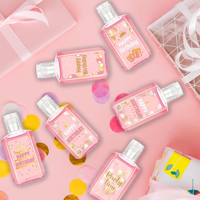 50 Pcs Happy Birthday Mini Hand Sanitizer Bulk Happy Birthday Gifts Party Favors 1fl Oz Hand Sanitizer Natural Plant Fragrance Travel Size Hand Soap Gift for Birthday Baby Shower (Pink Gold)