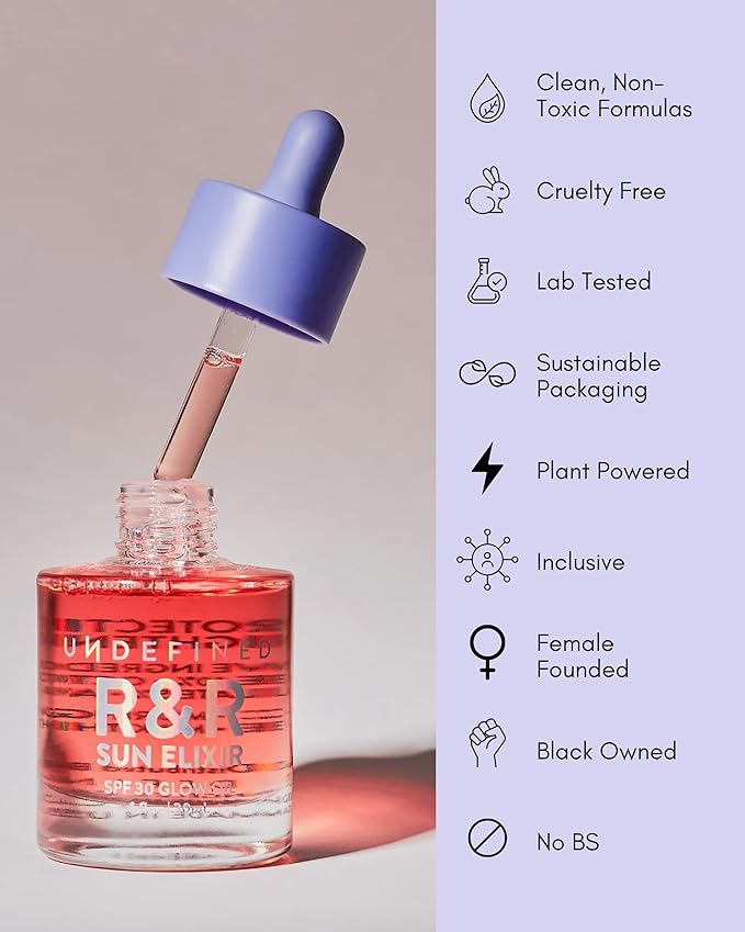 Undefined R&ampR Sun Elixir SPF 30 – Multitasking Glow Oil with Vitamin C Water-Resistant Sunscreen Rose &amp Vanilla Scent to brighten and protect face body hair from UV damage