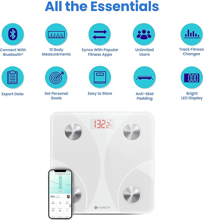 Etekcity Scale for Body Weight Smart Digital Bathroom Weighing Scales with Body Fat and Water Weight for People Bluetooth BMI Electronic Body Analyzer Machine 400lb