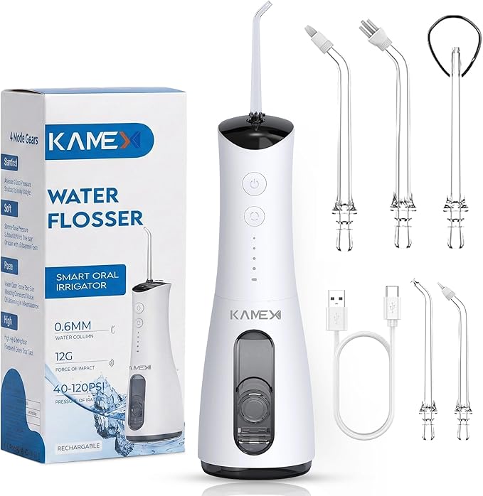 KAMEX Cordless Water Dental Flosser for Teeth Cleaning: Portable Oral Irrigator with 300ML Tank 4 Cleaning Modes Rechargeable IPX7 Waterproof Travel Water Flosser for Sensitive Gums Braces