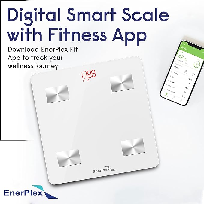 EnerPlex Fit Custom Bluetooth Body Fat Scale Weight Scales Digital Smart Body Composition Wireless Analyzer BMI Scale Health Monitor with Smartphone APP 396 lbs White