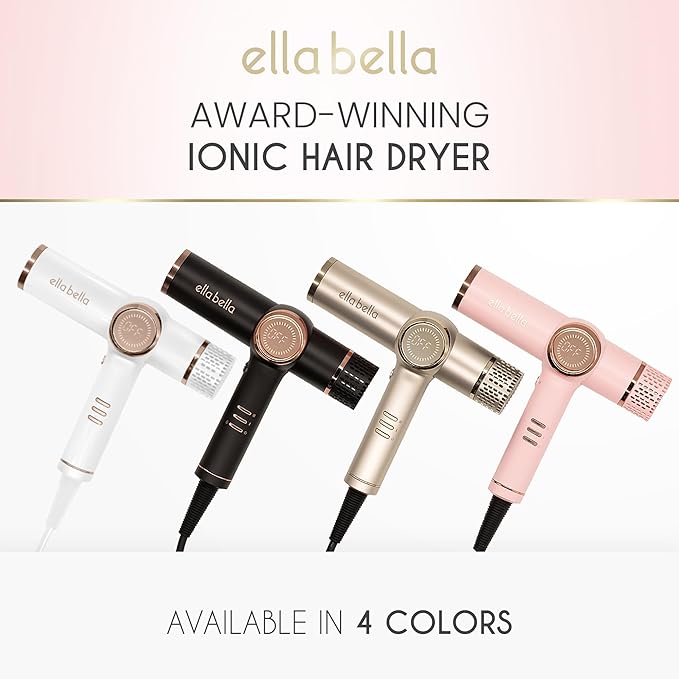 ELLA BELLA® Professional Ionic Hair Dryer with Diffuser • Negative Ion Blow Dryer • Suitable All Hair Types • Intelligent Heat Control &amp Rapid Drying Speeds • Lightweight Design • Low Noise Techno