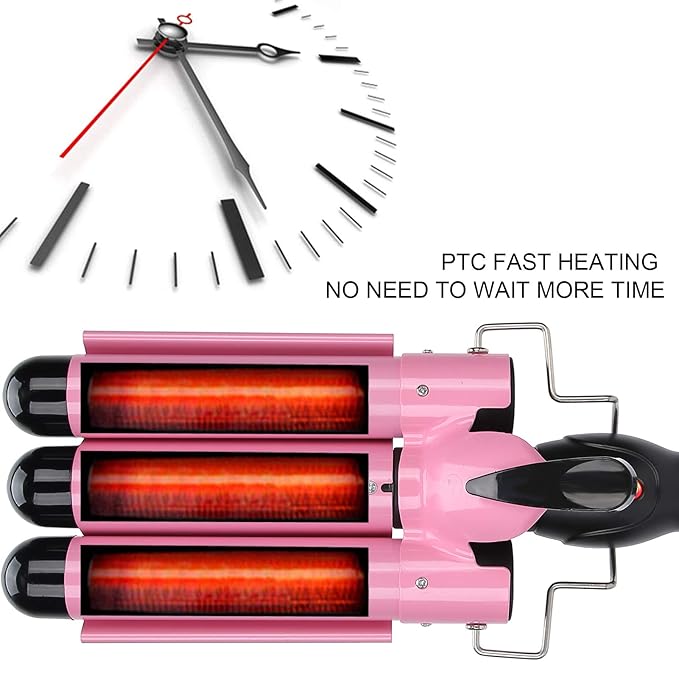 3 Barrel Hair Waver Adjustable Temperature Hair Crimper Heats up Quickly Crimping Iron for Hair Compatiable for All Hairstyles(US-pink28mm)