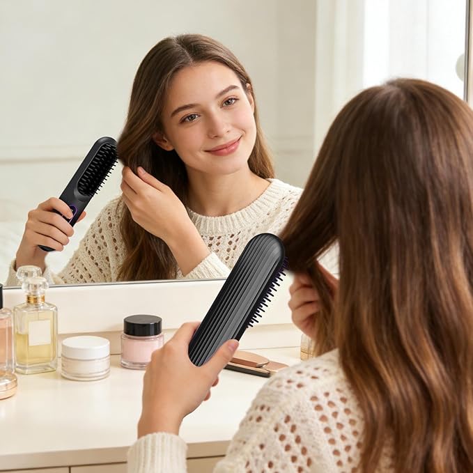 Cordless Hair Straightener Brush - 3-Temp LCD Display Styling Comb Hot Heating with Ceramic Plates Portable Design with Anti-Scald Straightening Tool Travel Size Beauty for Women Girls