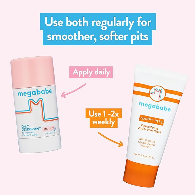 Megababe Underarm 2-Piece Bundle - Rosy Pits Daily Deodorant 2.6 oz &amp Happy Pits Underarm Mask 3 fl oz | Odor Protection Aluminum Free
