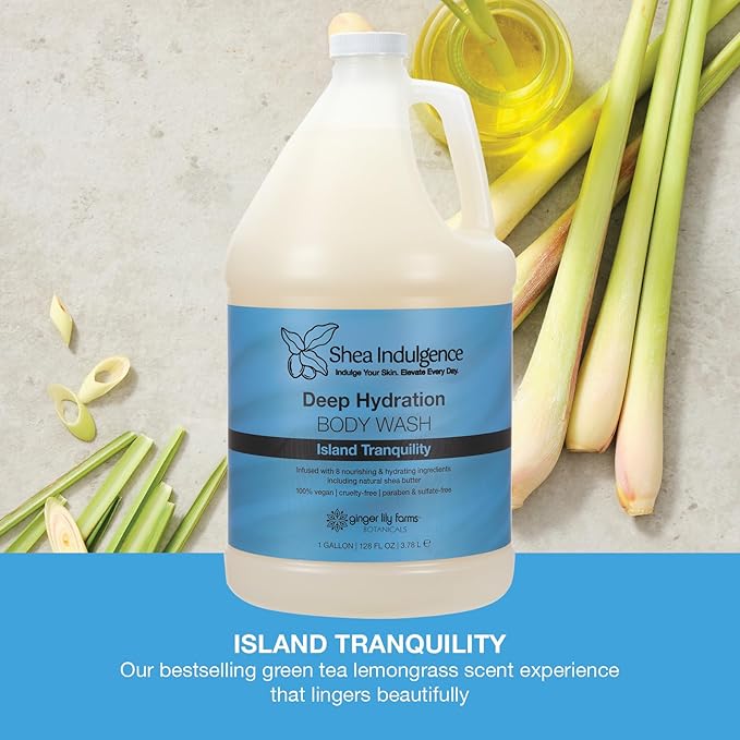 Ginger Lily Farms Botanicals Shea Indulgence Deep Hydration Body Wash Island Tranquility 100% Vegan &amp Cruelty-Free Green Tea &amp Lemongrass Scent 1 Gallon (128 fl oz) Refill