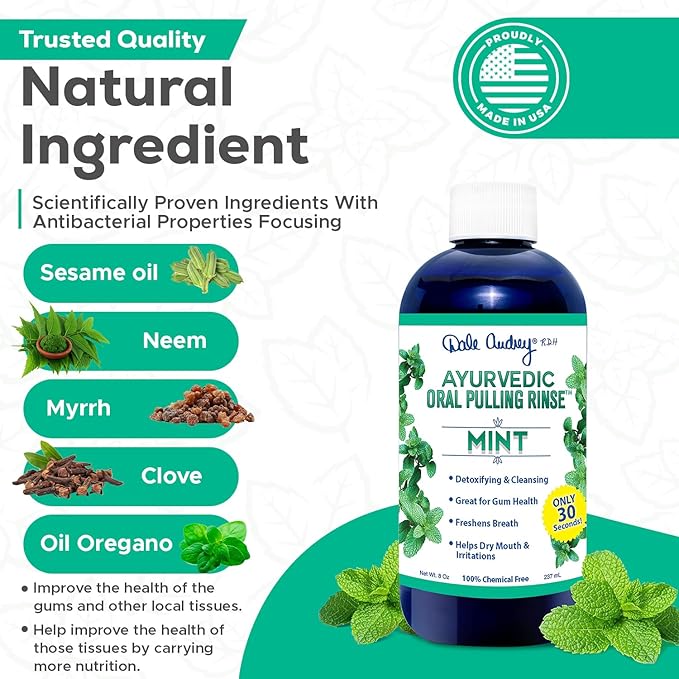 Dale Audrey Ayurvedic Organic Oil Pulling for Teeth and Gums | Oral Rinse Alcohol Free Mouthwash Essential Oils for Bad Breath | Healthy Gums Teeth &amp Fresh Breath (8 Fl Oz (Pack of 3) Variety Pac