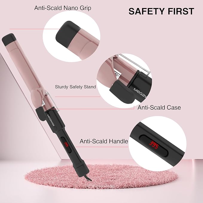 MegaWise Pro 1 1/4 inch Ceramic Barrel Hair Curling Iron 60s PTC Fast Heating Tech Anti-Scald Insulated Grip &ampTip Auto Shut Off and 360° Swivel Cord 2 Clips and Heat-Resistant Glove Included