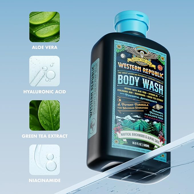 Men's Body Wash | Nautical Birchwood &amp Alpine Sage and Aviator's Eucalyptus &amp Fresh Citrus | Hydrating &amp Anti-Aging Formula with Aloe Niacinamide &amp Hyaluronic Acid (2 Pack) | Made in