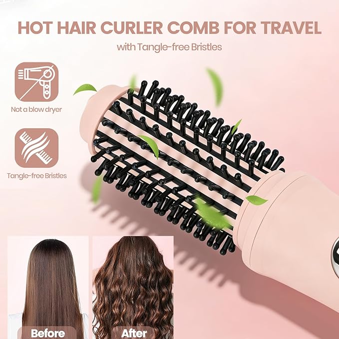 Cordless Curling Iron Brush for All Hairs Hot Hair Comb for Travel USB Recharged Ceramic Curling Wand Electric Heated Round Brush with 10 Temp Mini Dual Straightener Tools for Short Long Hairs