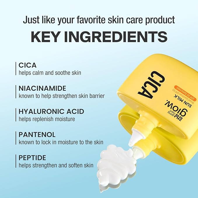 CICA SUN MILK Moisturizer with SPF 50 Invisible Broad Spectrum Sunscreen for Face No White Cast Sun Protection with Cica and Niacinamide Glow Natural Korean Sunscreen 1.69 fl.oz
