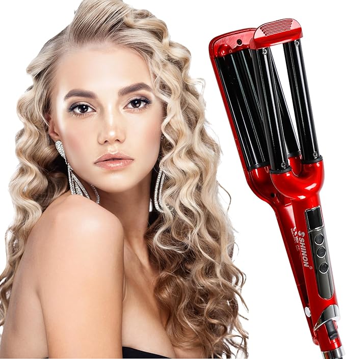 Mannice Ceramic Hair Iron 3 Barrel Curling Iron 0.6 inch / 16mm Perm Instant Curls Hair Crimper and Wavers Red (8 inches) Ideal Gift for Valentine's Day or Mother's Day
