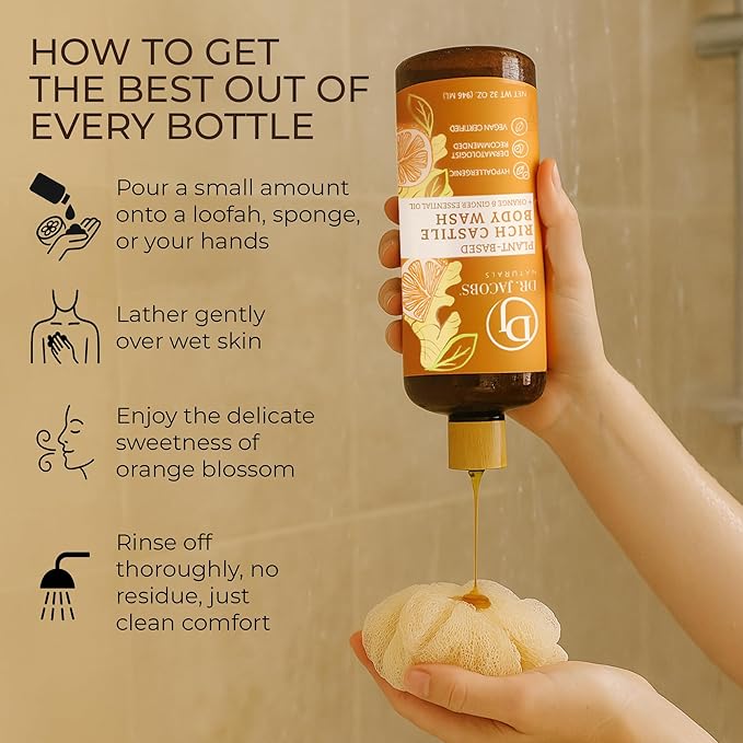 Dr. Jacobs Naturals Pure Castile Soap Liquid Body Wash Orange &amp Ginger - Plant Based Soap Infused with Vitamin E &amp Aloe Vera to Moisturize Dry and Sensitive Skin - Made in The USA - 32 oz Pa