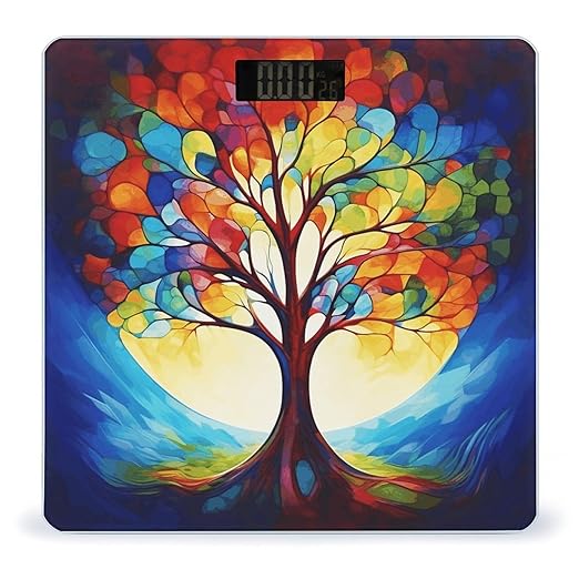 Colorful Tree of Life Scale for Body Weight Safe Rounded Corners Tempered Glass Digital Bathroom Scale LED Display 400lb Capacity Weight Scales with High Precision Sensors