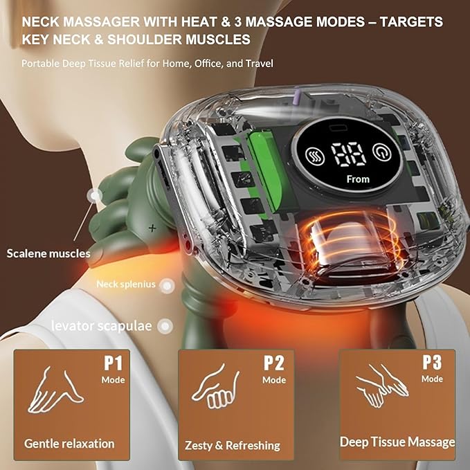 Neck Massager with Heat Bionic Shiatsu Neck and Shoulder Massager with 4D Kneading Fingers LCD Display &amp Adjustable Intensity Heated Neck Massage Device Simulates Real Palm to Relax Muscle Tens