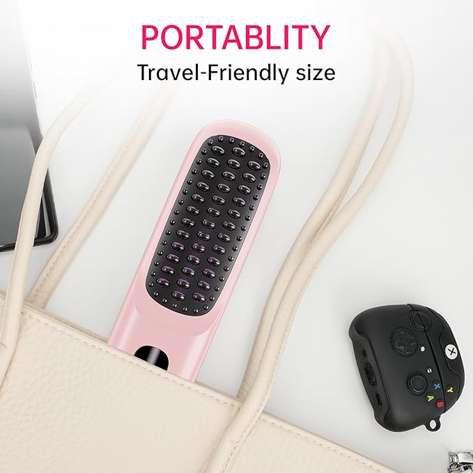 Cordless Hair Straightener Brush for Travel 200 Million Negative Ionic Portable Hair Straightener Comb for Women with LED Display &amp 3 Temps 30s Fast Heating USB Charging Smooth Frizz(Pink