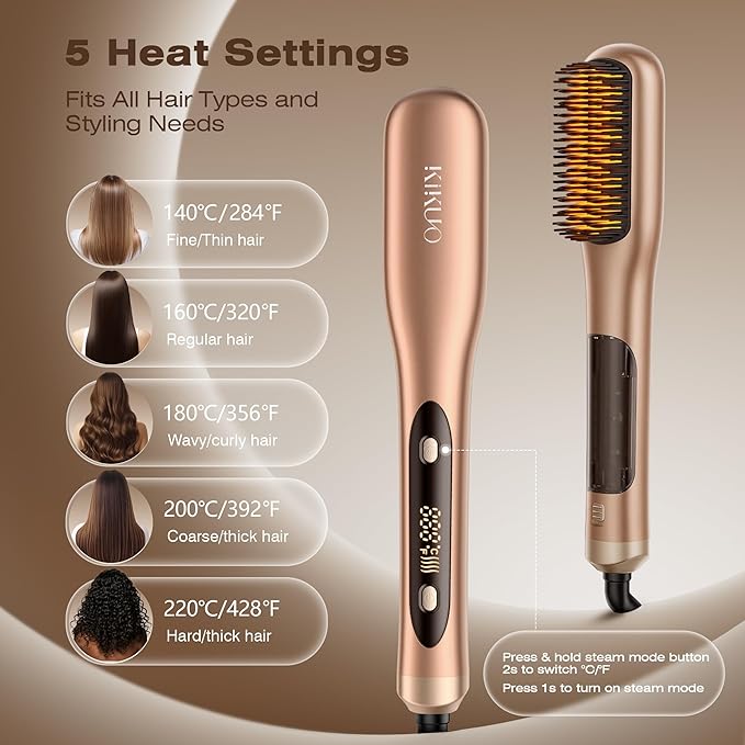 Steam Hair Straightener Brush Steamline Pro 3 in 1 Straightening Brush Curly &amp Frizzy HairSmooth Without Flattening 5 Temp Settings &amp LED Display Dual Voltage Professional Styling Tools