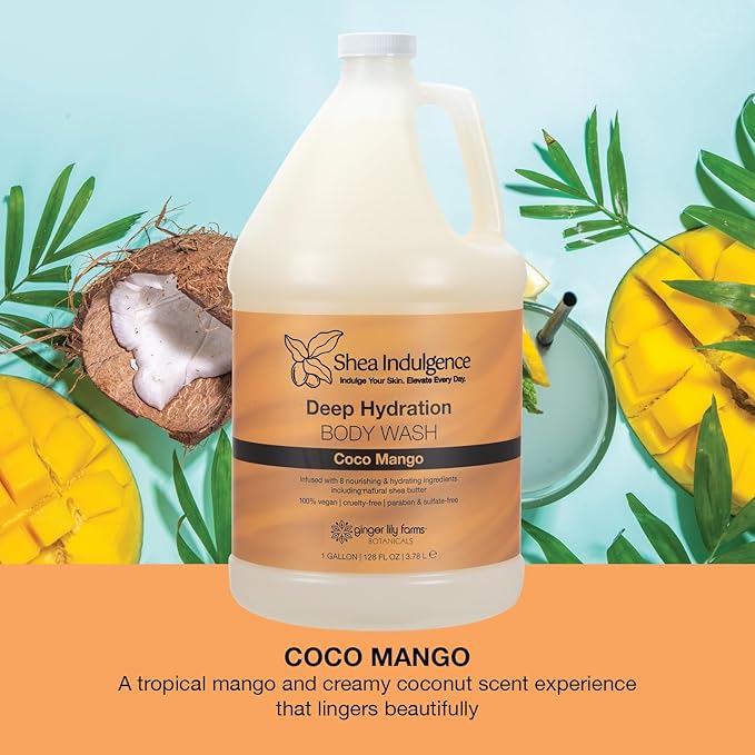 Ginger Lily Farms Botanicals Shea Indulgence Deep Hydration Body Wash Coco Mango 100% Vegan &amp Cruelty-Free Coconut Mango Scent 1 Gallon (128 fl oz) Refill