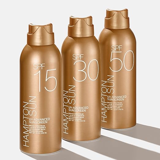 Hampton Sun SPF 15 Continuous Mist Sunscreen Broad Spectrum UVA/UVB | Advanced Water + Sweat Resistance Antioxidant-Rich Vitamin E + Aloe for Hydrated Radiant Skin Glowy Finish and Oil-Free.
