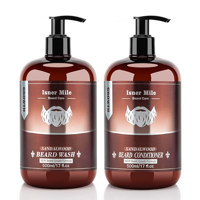 ISNER MILE Beard Wash &amp Conditioner Set for Men - 17 oz Shampoo with Biotin Argan &amp Jojoba Oils for Smooth Soft and Strengthened Beard - Sandalwood Scented Grooming Gift