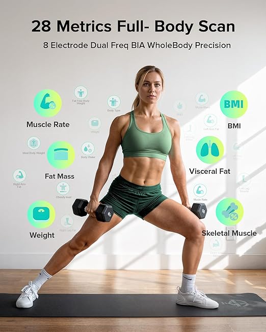 RunStar Smart Scale for Body Weight Full-Body Bathroom Scale with 8 Electrodes for BMI Muscle Mass 3-Metric Display High-Accuracy Body Composition Monitor with 28 Metrics &amp App Connectivity Bl