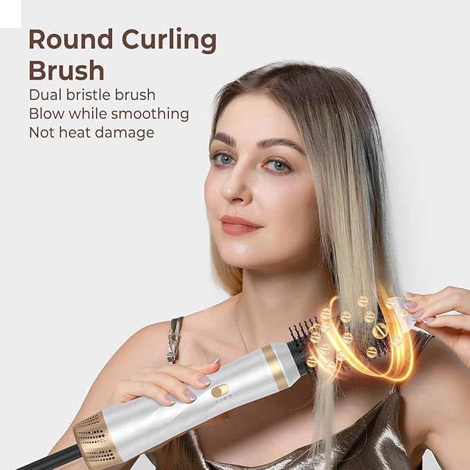 Hair Dryer Brush 5 in 1 Blow Dryer Brush Set High Speed Hot Air Styler Auto Wrap Curlers for Frizz-Free Volume Multifunctional Hair Dryer for Curling Straightening Volumizing (Platinum)