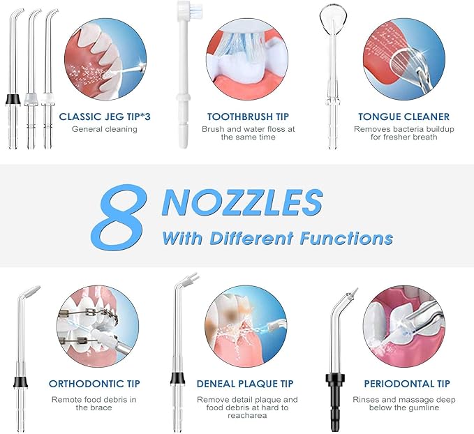 TUREWELL Water Flossing Oral Irrigator 600ML Dental Teeth Cleaner 10 Adjustable Pressure Electric Oral Flosser for Braces 8 Replacement Jet Tips for Family (Black)