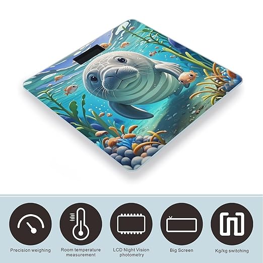 Cute Sea Animal Manatee Scale for Body Weight Digital Bathroom Scale Toughened Glass High Precision Scales for Body Weight with Large LCD Backlight Display Weight Scales