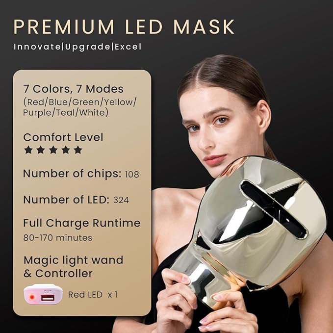 GYH 7-Color LED Light Therapy Face &amp Neck Mask with Handheld Light Wand - Red Light Therapy for Face WirelessLightweight - Anti-Aging&ampWrinkle ReductionPremium(3000mAh)