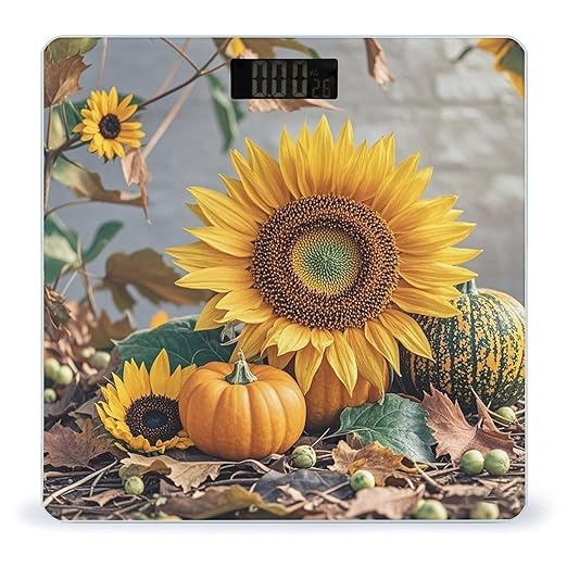 Fall Pumpkin Sunflower Bathroom Scale for Body Weight Bathroom Weighing Scales with Back Lit LED Display Sturdy Tempered Glass Body Weight Bathroom Scale 400lb Weighing