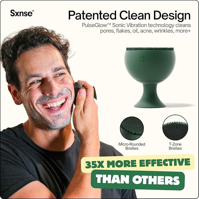 Palm Face Clean Pro⁺ - Electric Silicone Face Scrubber for Acne with 7000+ Sonic Pulses - IPX7 Waterproof Rechargeable Exfoliator with Slip-Free Grip 3 Speed Settings &amp Phthalate-Free - Forest