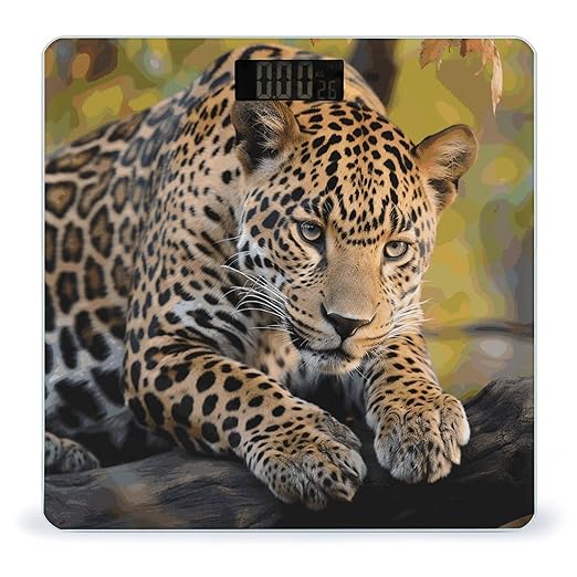 African Leopard Bathroom Scale for Body Weight Bathroom Digital Electronic Weighing Scale with Back Lit LED Display Sturdy Tempered Glass Weight Watchers Scales 400lb